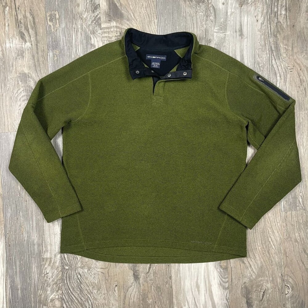 Exofficio Mens Fleece Pullover XL 1/4 Snap Long Sleeve Green Zip Shoulder Pocket
